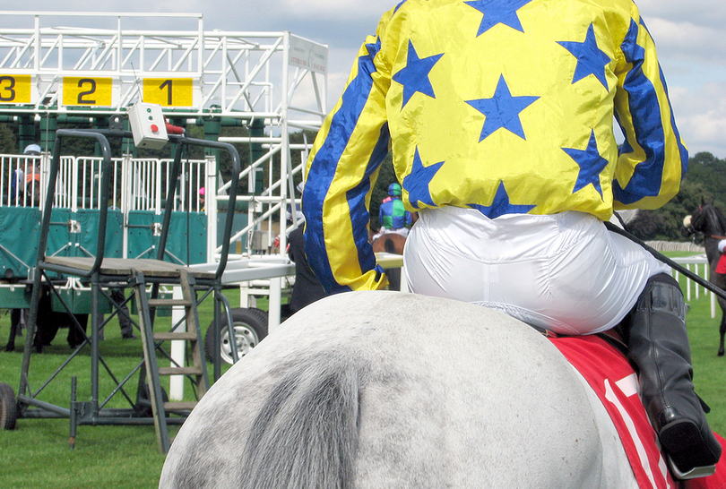 Jockey and Grey Horse at Start of Race